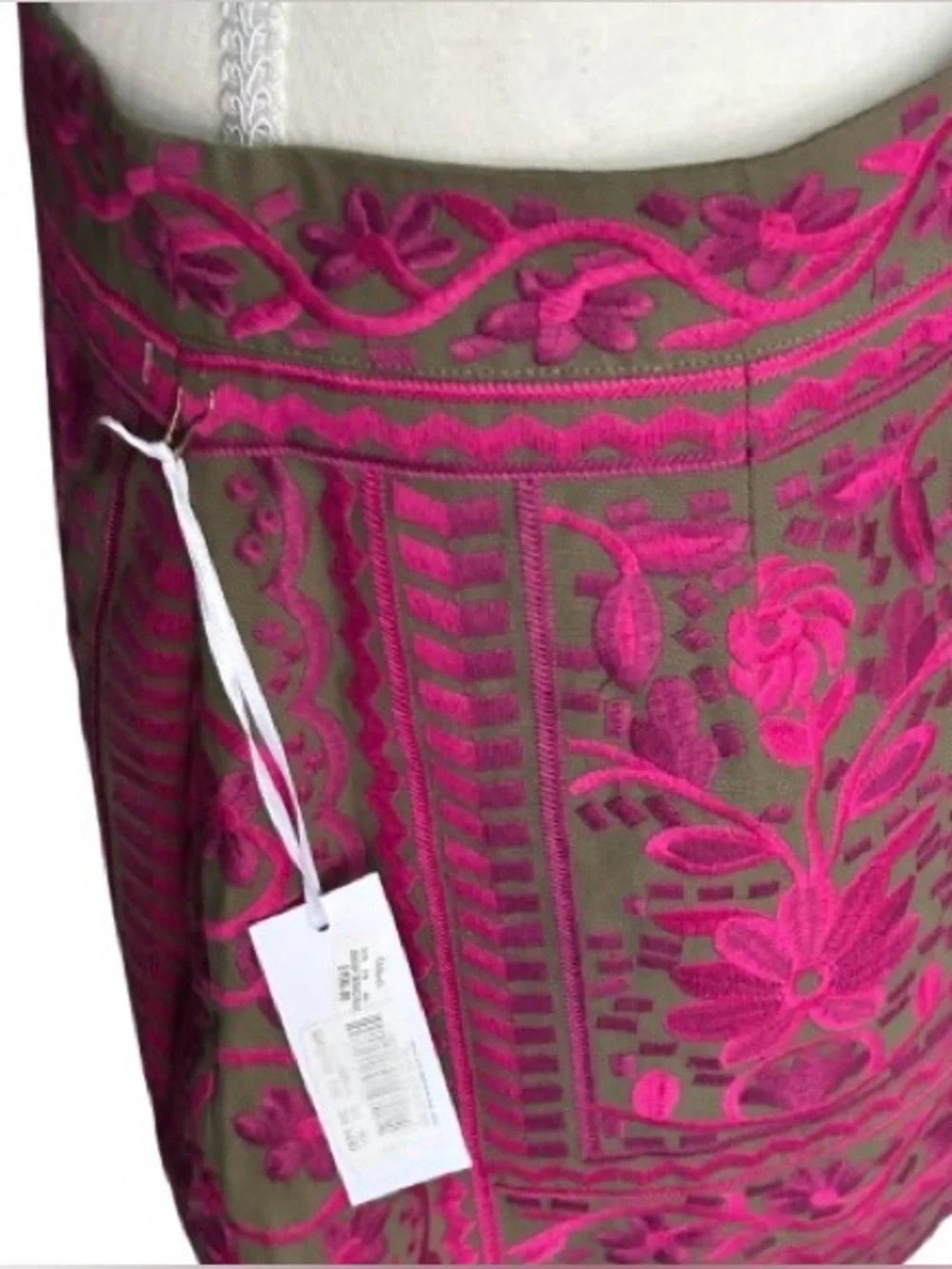 NWT J. MARIE Embroidered Floral Skirt Olive Green Fuchsia Boho Designer Cotton - Picture 8 of 16